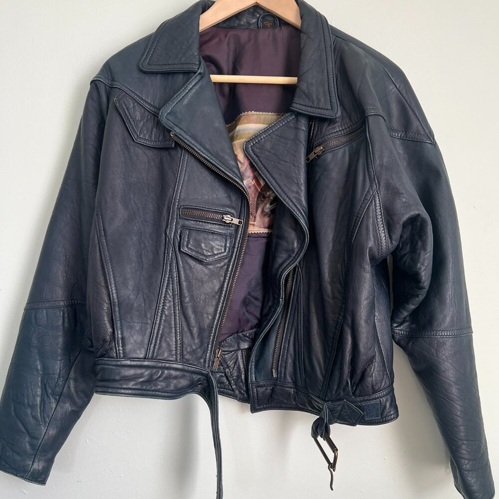 Foxrun Leather Jacket Vintage Motorcycle Jacket Women's Size Small Dark Blue
